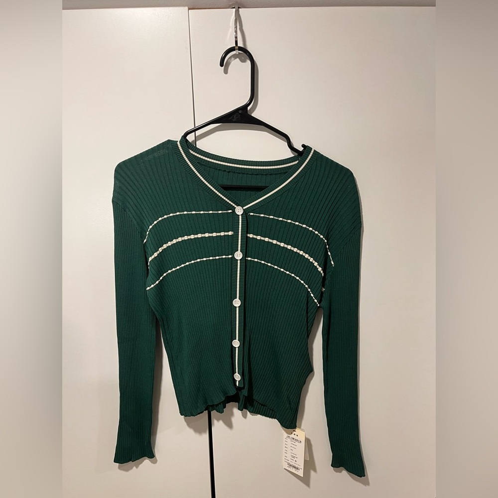 Green Ribbed Cardigan with White Accents